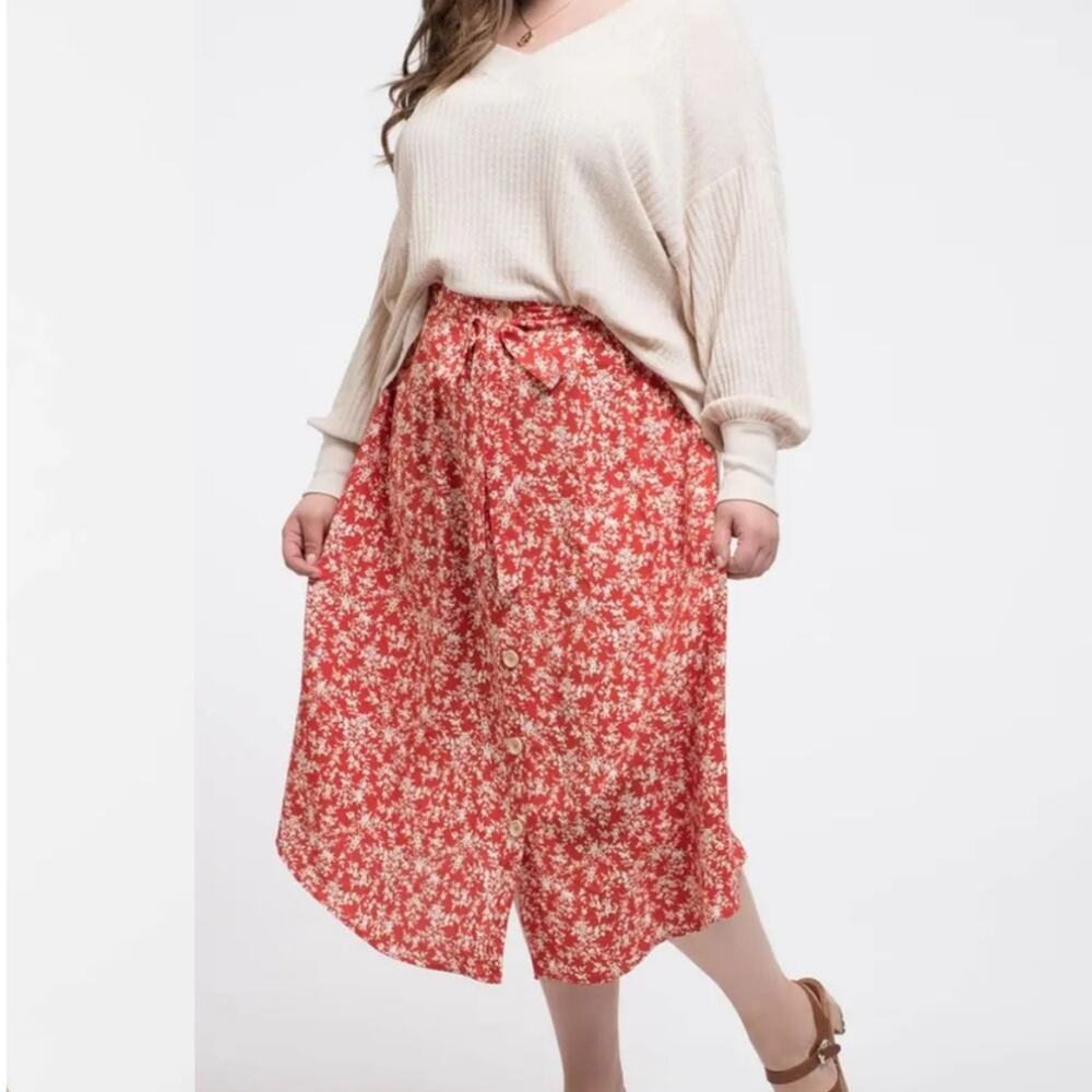 Perch by Blu Pepper Ditsy Floral Midi Skirt L Red White Cottagecore Boho A-Line